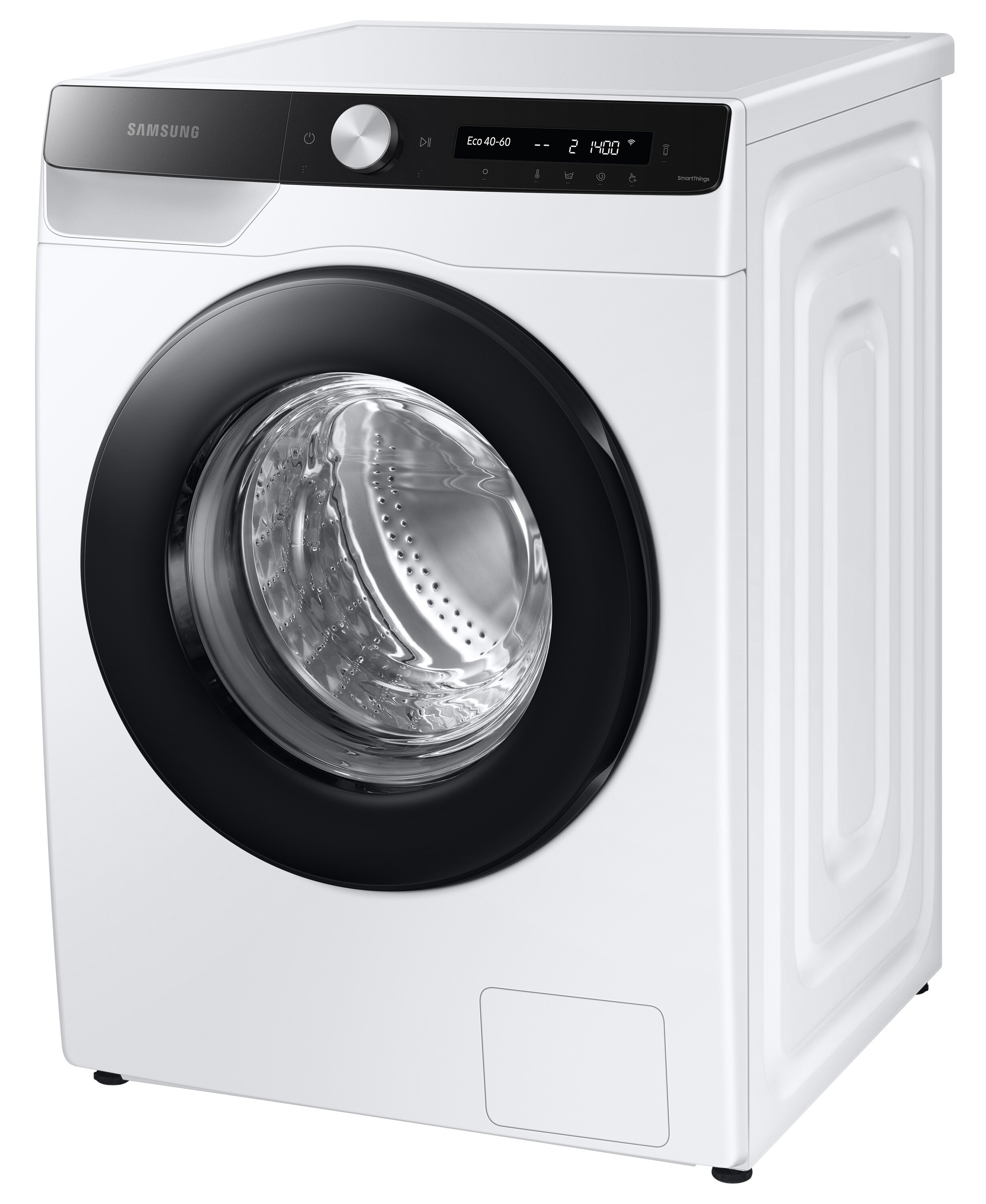 Biała pralka z czarnymi drzwiami i panelem sterowania, skierowana w prawo.