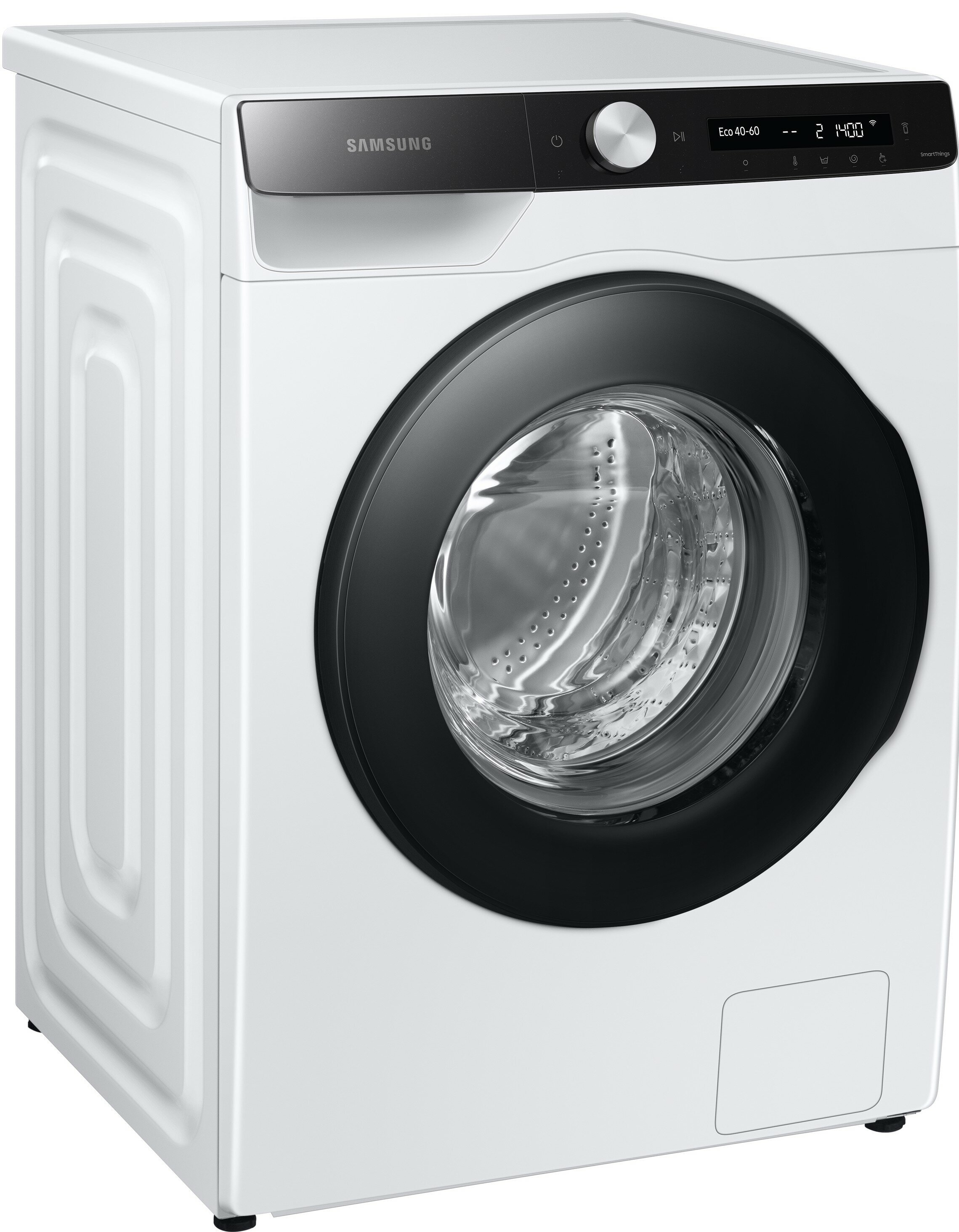 Biała pralka z czarnymi drzwiami.