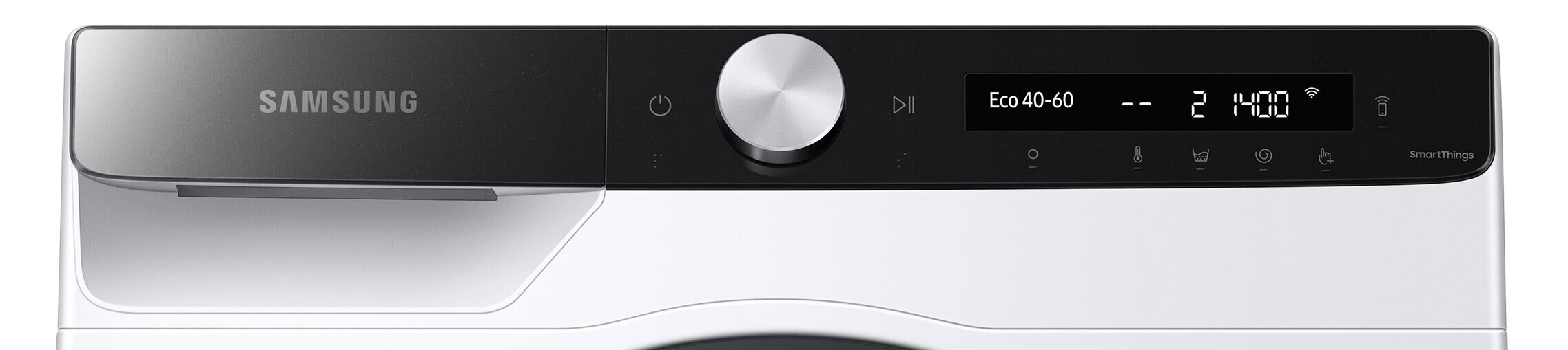 Zbliżenie panelu sterowania pralki Samsung z pokrętłem i wyświetlaczem.