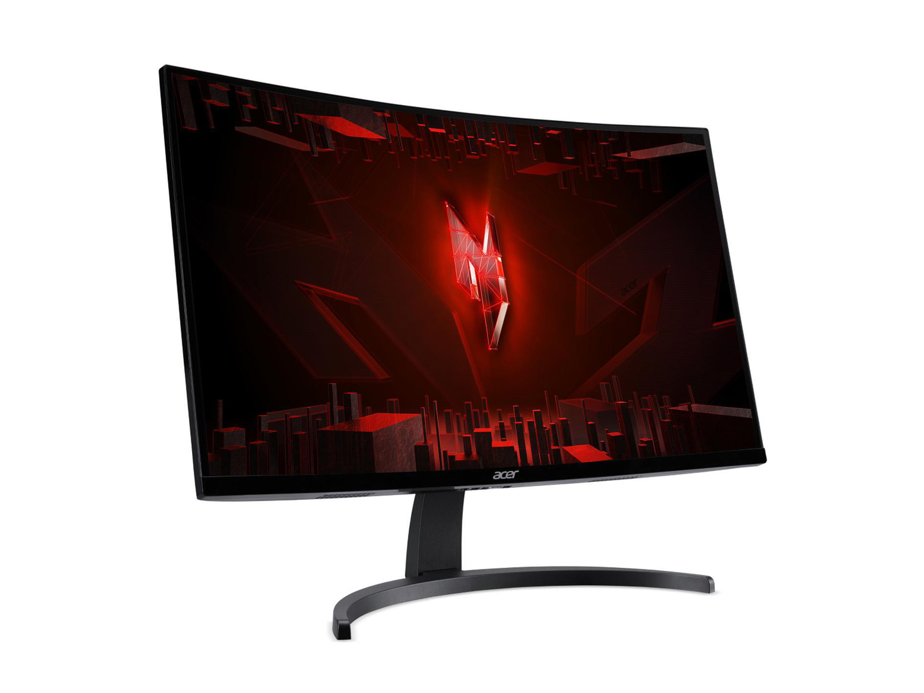Ein geschwungener Monitor zeigt das Acer-Logo mit rotem geometrischem Design auf schwarzem Grund.
