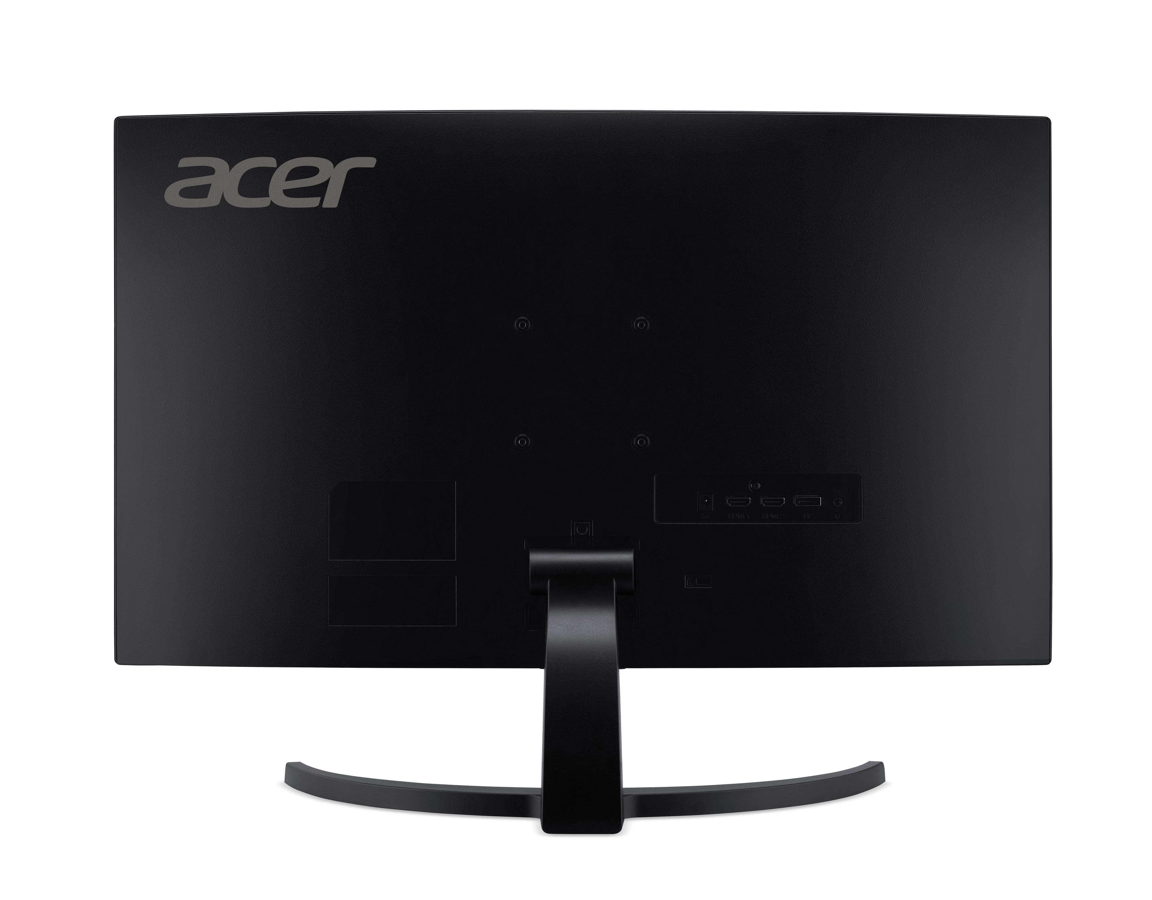 Rückansicht eines schwarzen Computermonitors mit dem Acer-Logo und Anschlussanschlüssen.