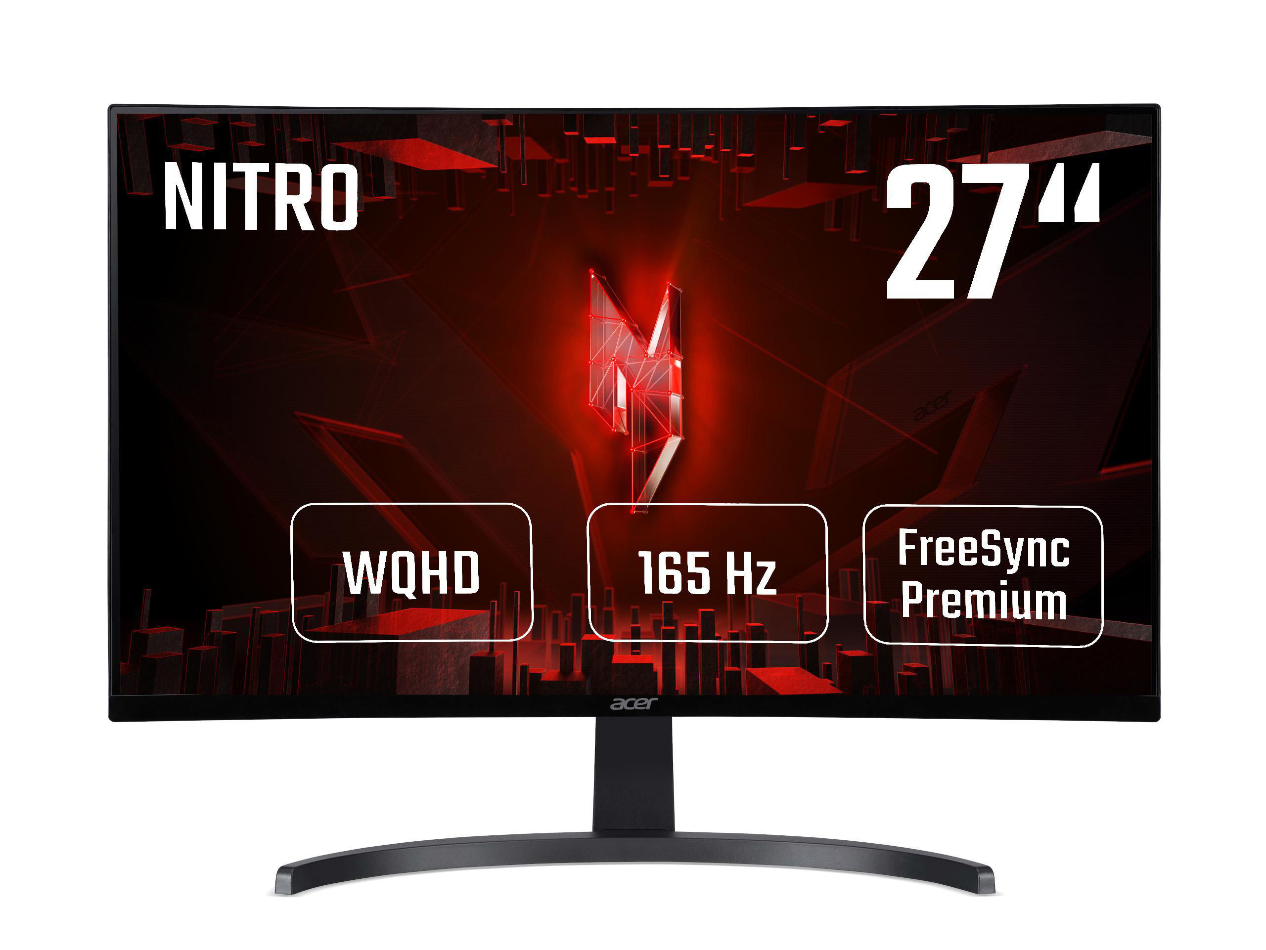 Ein gekrümmter Computermonitor mit schwarzem Ständer. Der Bildschirm zeigt ein rotes Logo und Text.