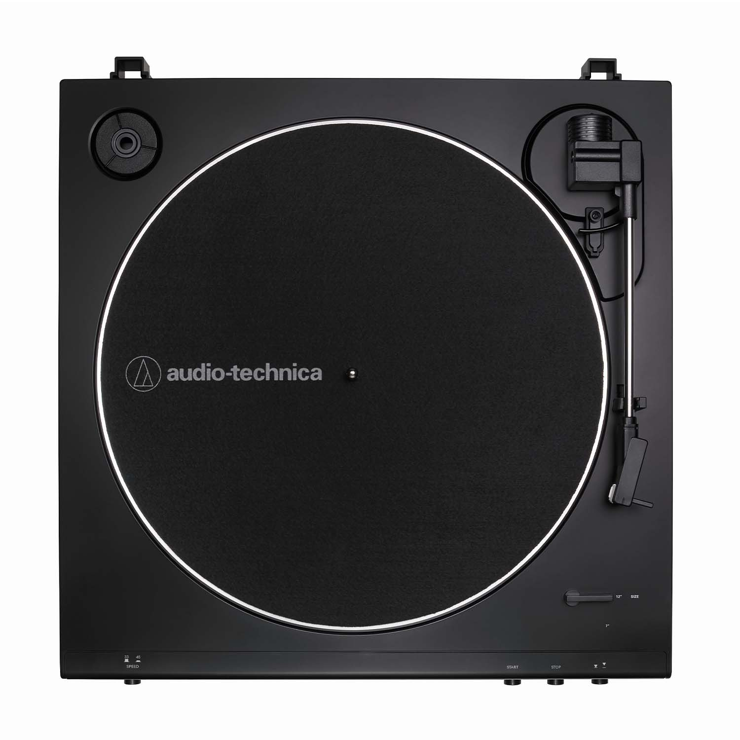 Un giradischi nero con un disco in vinile nero, logo audio-technica al centro.
