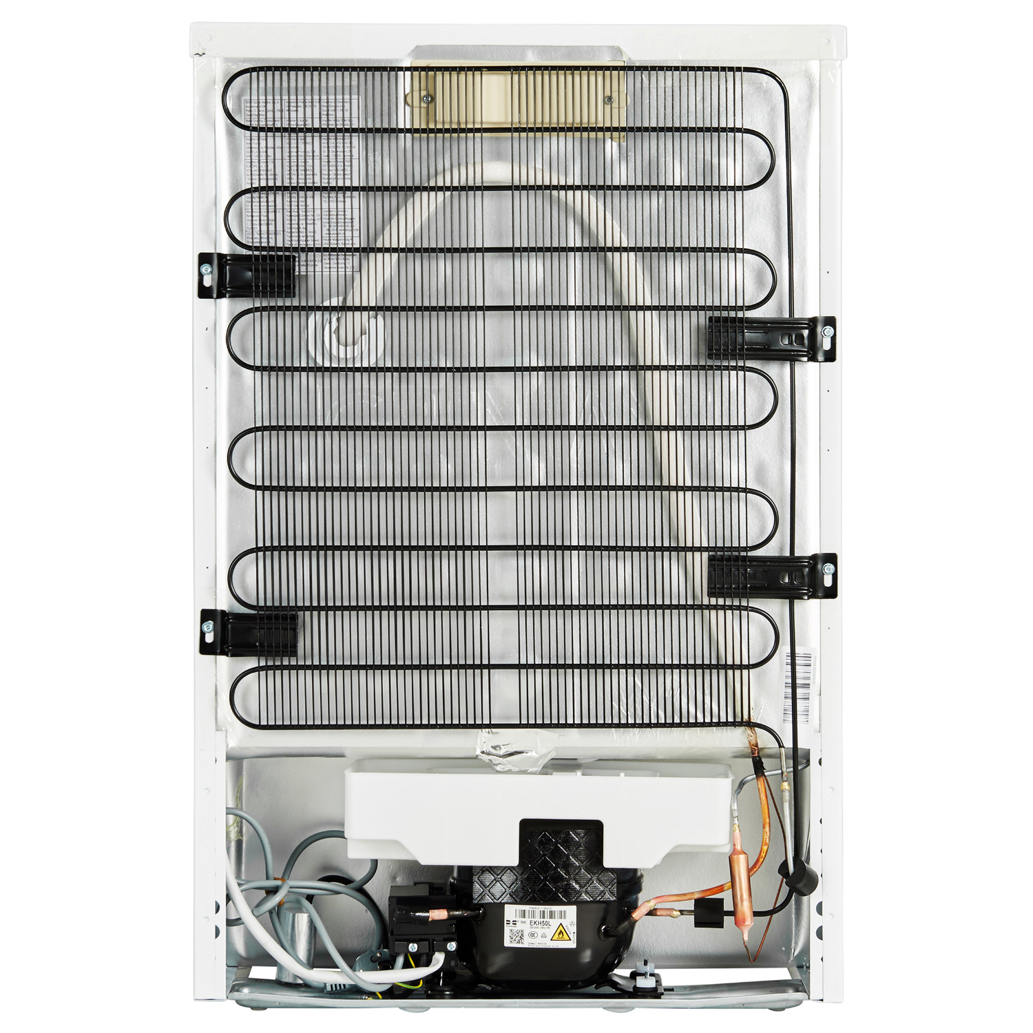 Back view of a refrigerator with the cooling elements, wiring, and compressor visible.