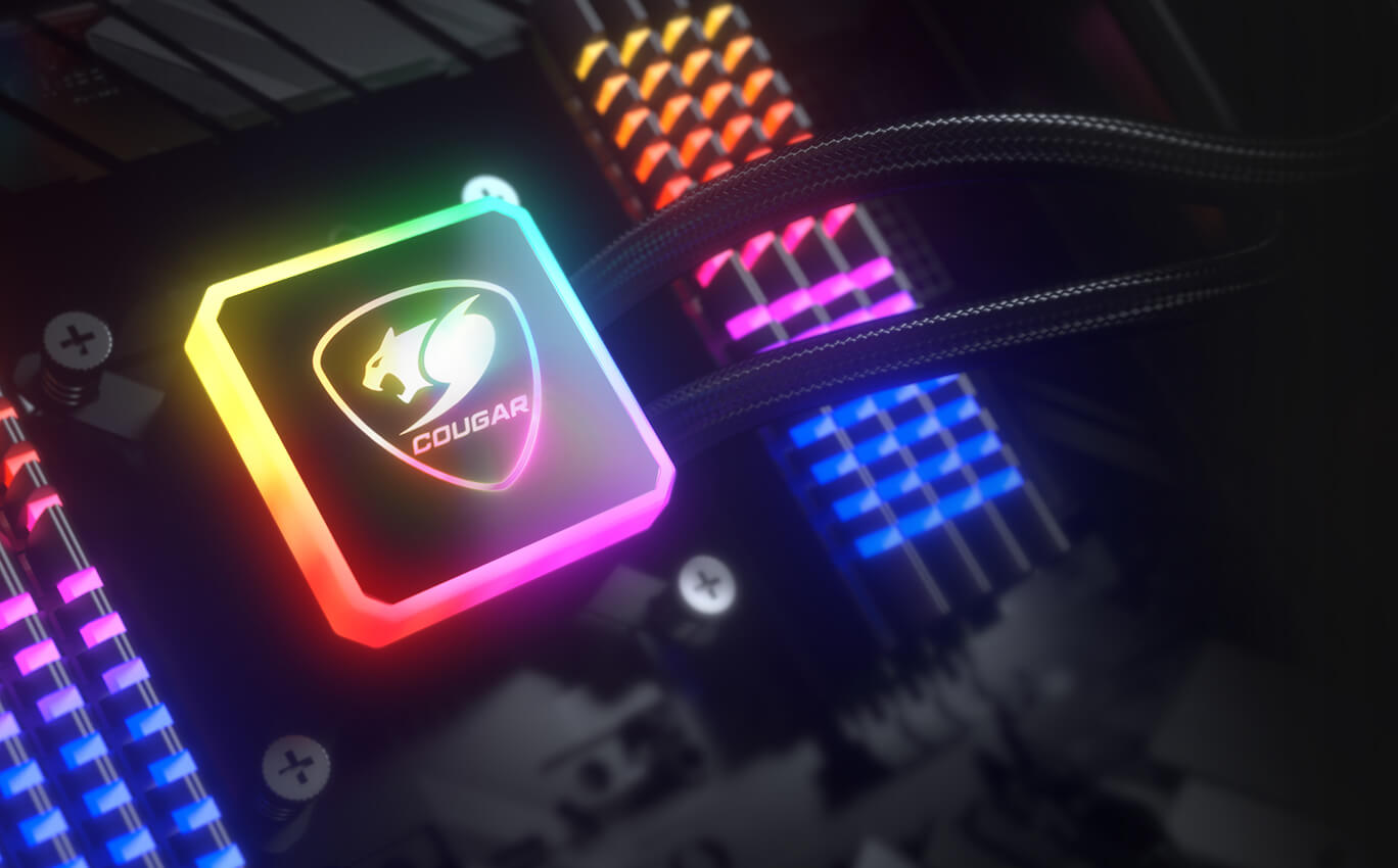 Számítógép-alkatrész megvilágított RGB világítással és logóval.
