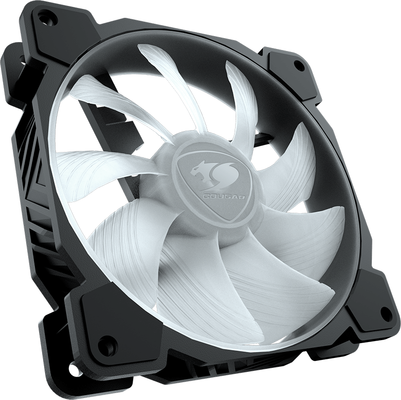 Fekete ventilátor fehér lapátokkal és a Cougar logóval középen.