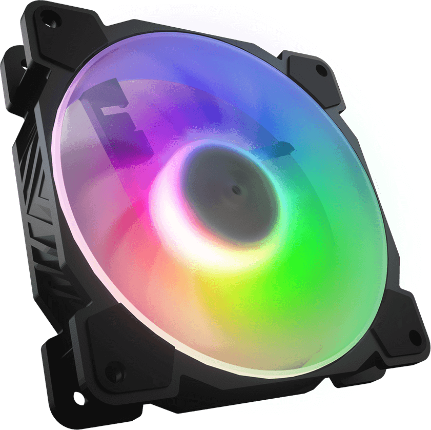 Számítógép ventilátor RGB világítással, többszínű kör alakú fény, fekete keret.