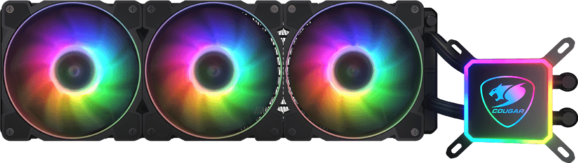 Számítógép RGB ventilátorokkal és Cougar logós folyadékhűtéssel.