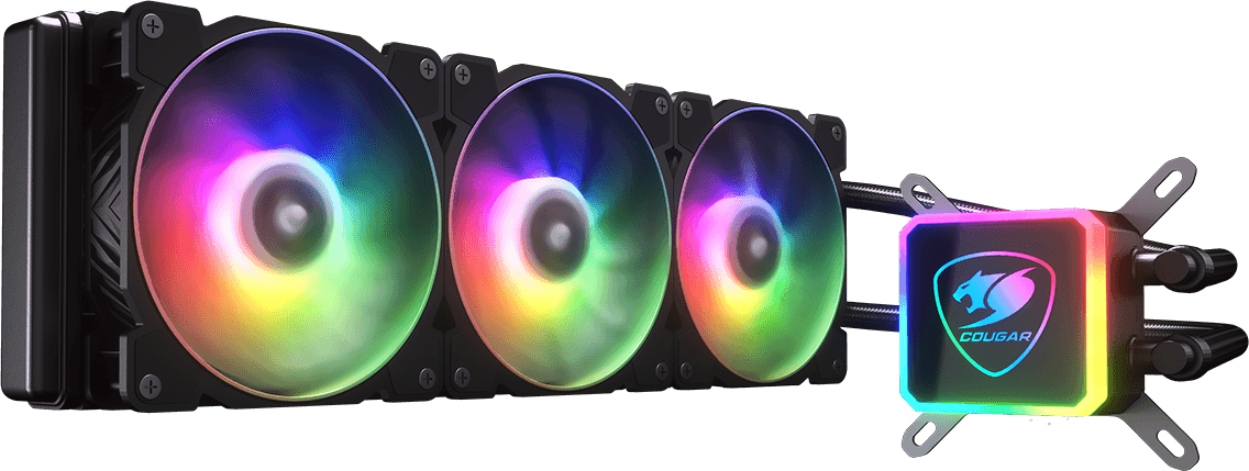 Gaming PC folyadékhűtő rendszer: három ventilátor és egy hűtő, RGB világítással.
