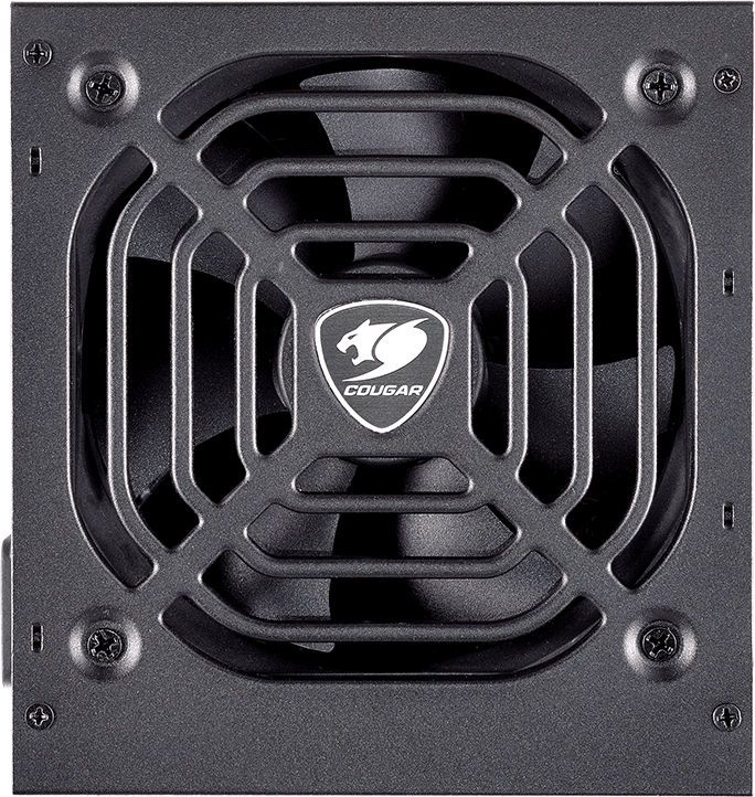 Fekete Cougar tápegység ventilátor fém ráccsal és Cougar logóval a közepén.