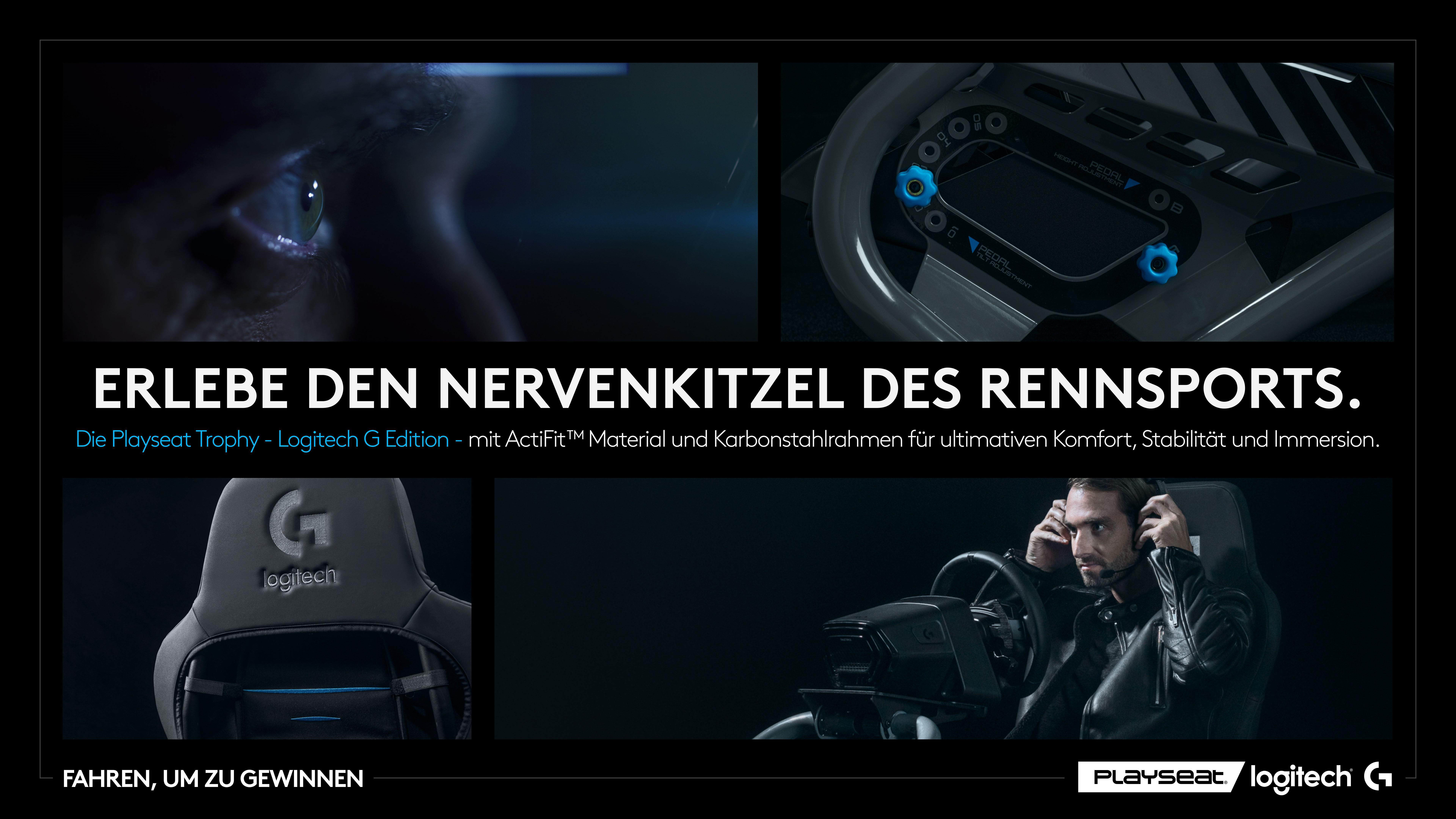 Werbebild mit Text, einem Mann mit VR-Headset und Nahaufnahmen des Lenkrads.