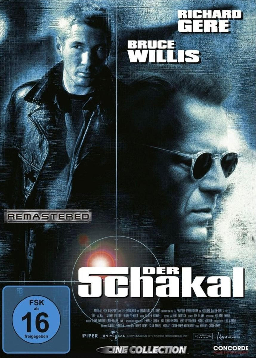 Filmposter für Der Schakal, mit Richard Gere und Bruce Willis in einer dunklen Szene.
