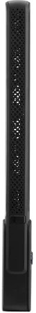 Lumière rectangulaire noire avec un côté perforé. Elle a une base noire solide.