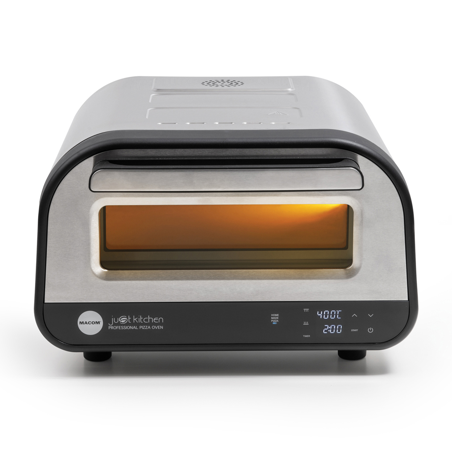 Forno per pizza Just Kitchen argento e nero. Porta aperta, luce all'interno.