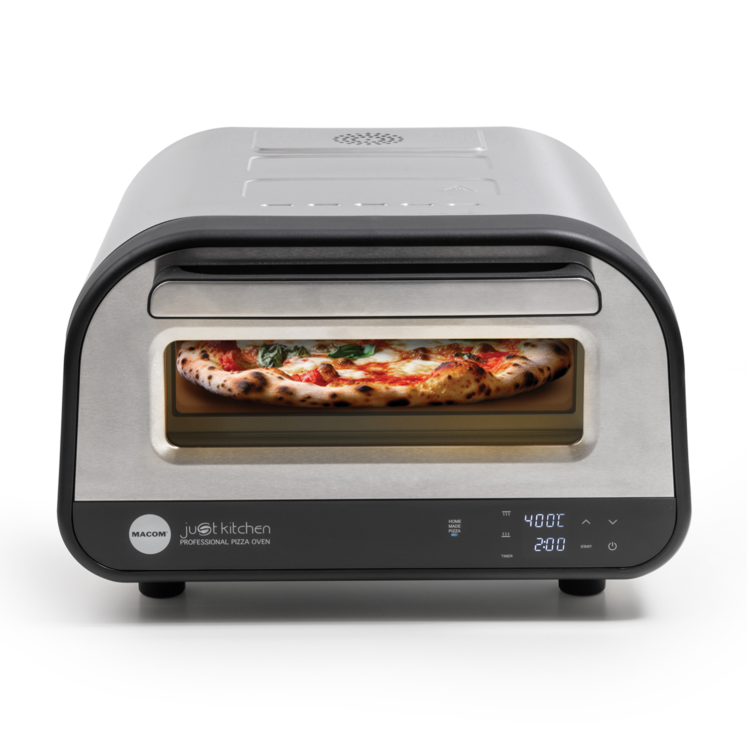 Forno per pizza argento e nero con pizza all'interno e display digitale frontale.