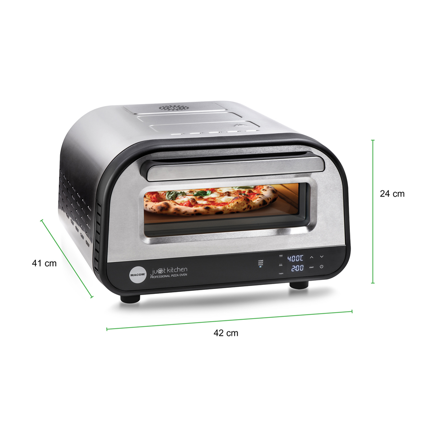 Forno per pizza, nero e argento. Dimensioni: 41cm x 42cm x 24 cm. C'è una pizza dentro.