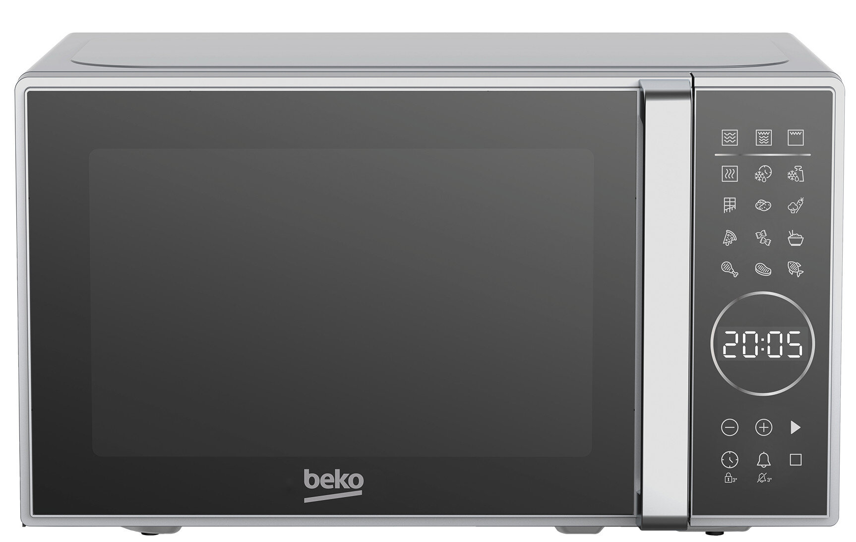 Srebrna kuchenka mikrofalowa Beko. Ma ciemnoszare drzwi i panel sterowania z cyfrowym zegarem wskazującym 20:05.