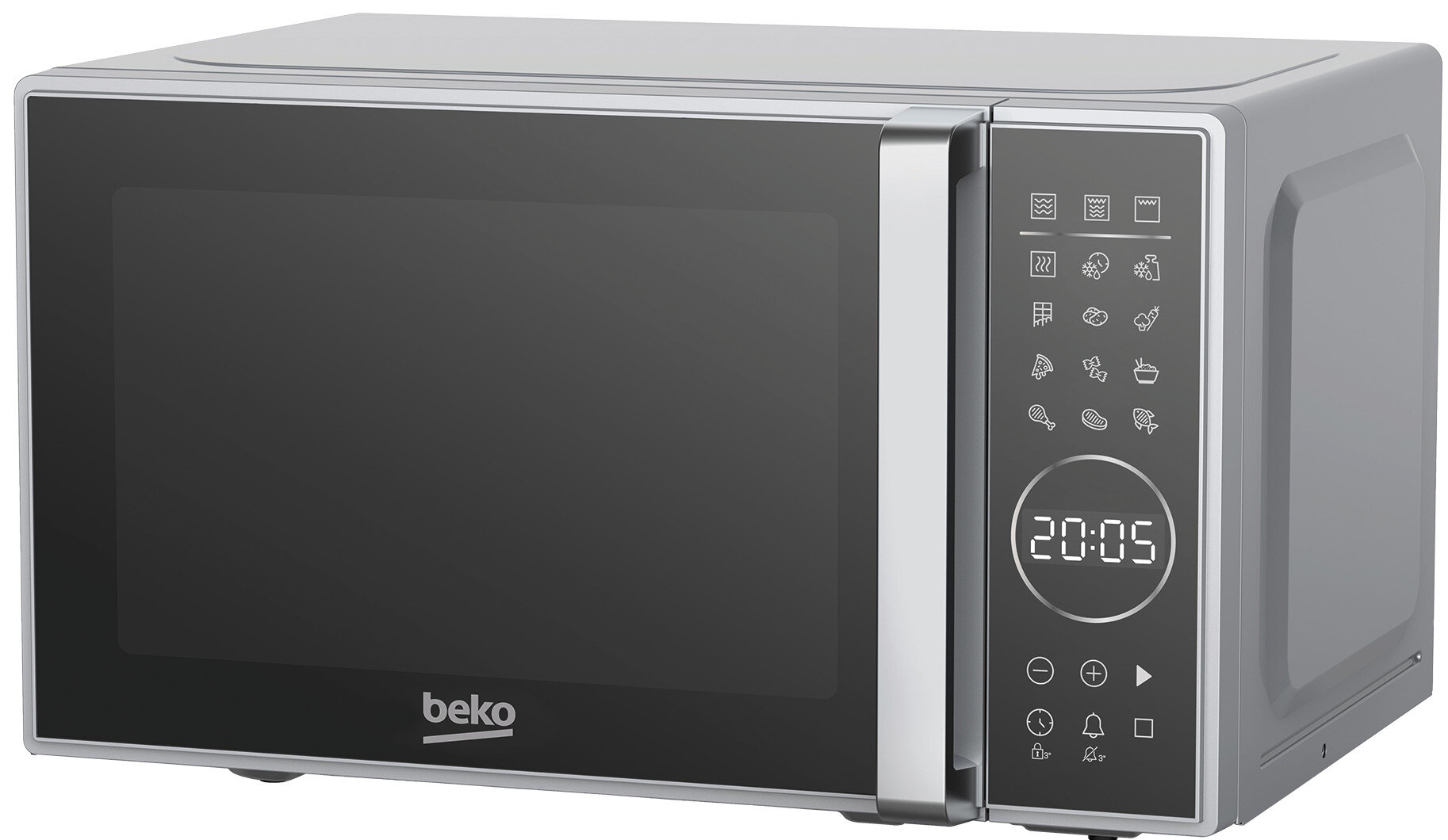 Srebrna kuchenka mikrofalowa Beko. Ma czarne szklane drzwi i panel sterowania z cyfrowym zegarem wyświetlającym 20:05 oraz różne ikony gotowania.