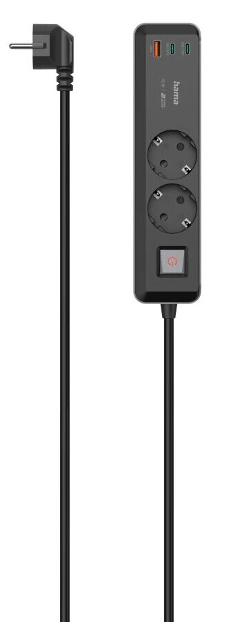 Czarna listwa zasilająca z dwoma gniazdami, dwoma portami USB i przyciskiem zasilania. Wtyczka i kabel po lewej.
