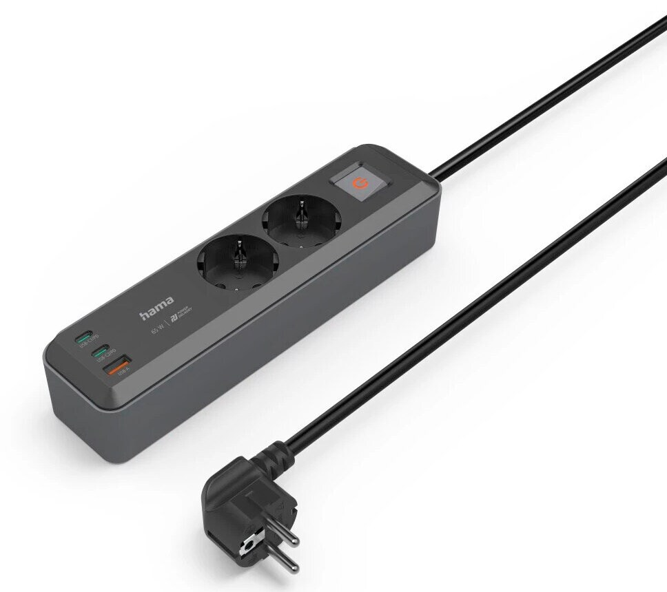 Ciemnoszara listwa zasilająca z dwoma gniazdami, portami USB i wtyczką.