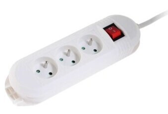 Biała listwa zasilająca z trzema gniazdami i czerwonym włącznikiem/wyłącznikiem.