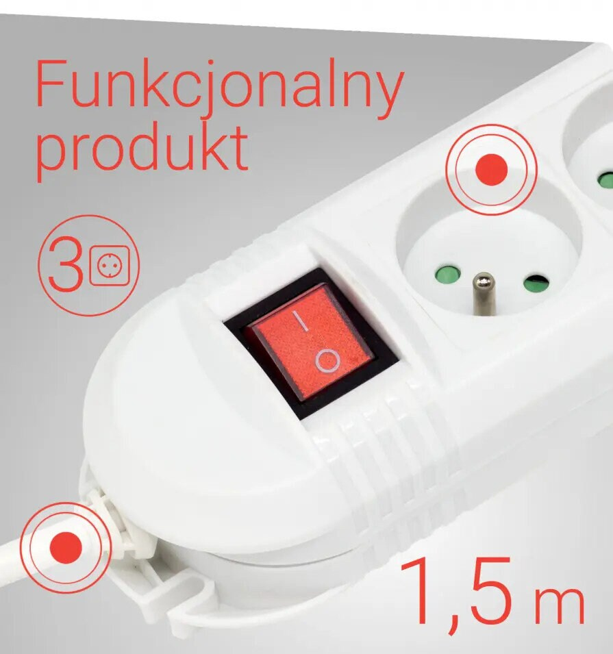 Biały przedłużacz z włącznikiem i tekstem.