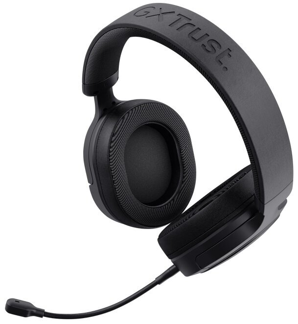 Czarne słuchawki z mikrofonem. Na pałąku napis "GX Trust."