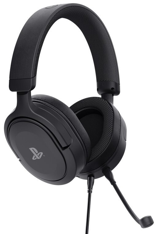 Czarne słuchawki z mikrofonem, skierowane w prawo.