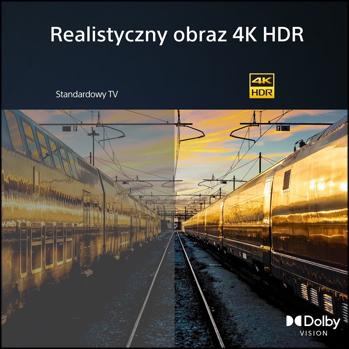 Obraz porównujący TV 4K HDR ze standardowym TV, pociągi na torach. Niebo z kolorami zachodu słońca.