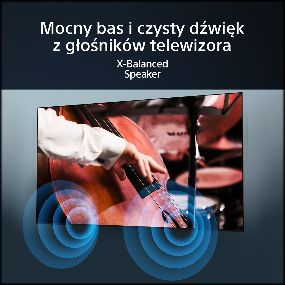 Ekran telewizora pokazujący muzyka grającego na wiolonczeli, z falami dźwiękowymi.