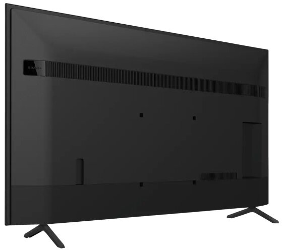 Czarny telewizor z tyłu z nogami. Nazwa marki BRAVIA jest napisana na górze.