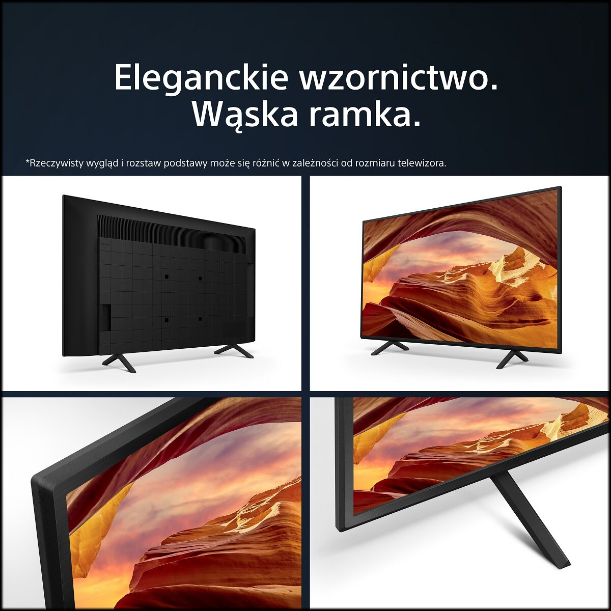 Ekran telewizora wyświetla krajobraz z tekstem. Wiele widoków telewizora pokazujących jego design.