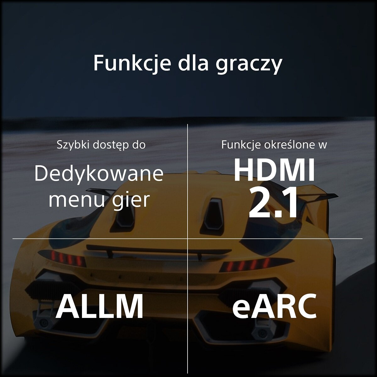 Obraz z tekstem o funkcjach gier i żółtym samochodzie. Funkcje HDMI 2.1, ALLM i eARC.