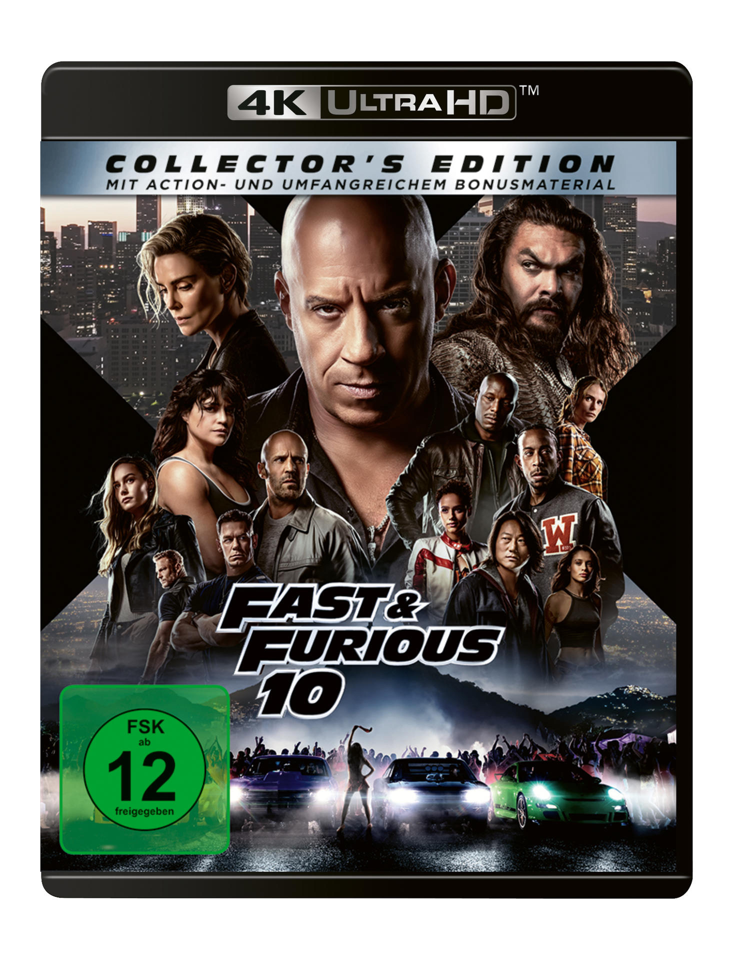 Fast & Furious 10 DVD-Cover mit mehreren Schauspielern, Autos und einem grünen Rating-Aufkleber.