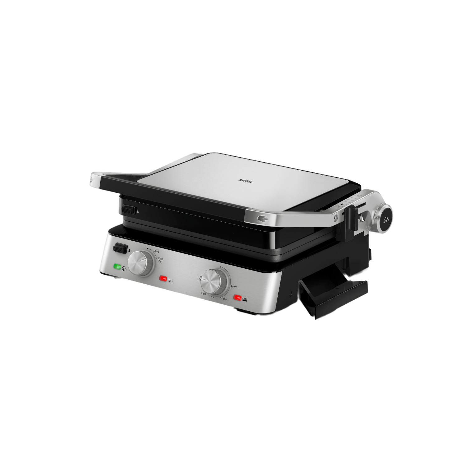Elektrische grill op zwarte achtergrond, gesloten, met bedieningsknoppen.