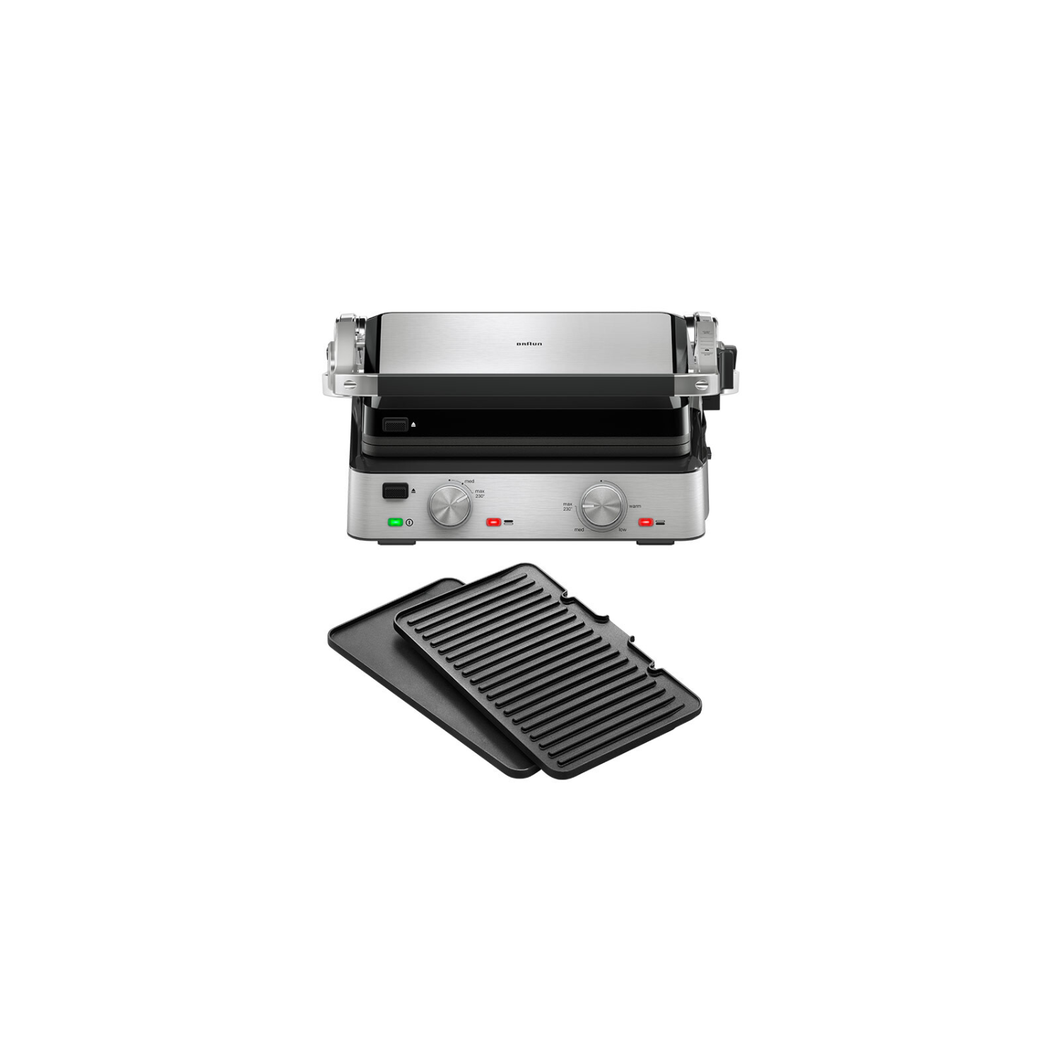 Braun MultiGourmet elektrische grill met twee grillplaten en deksel open.