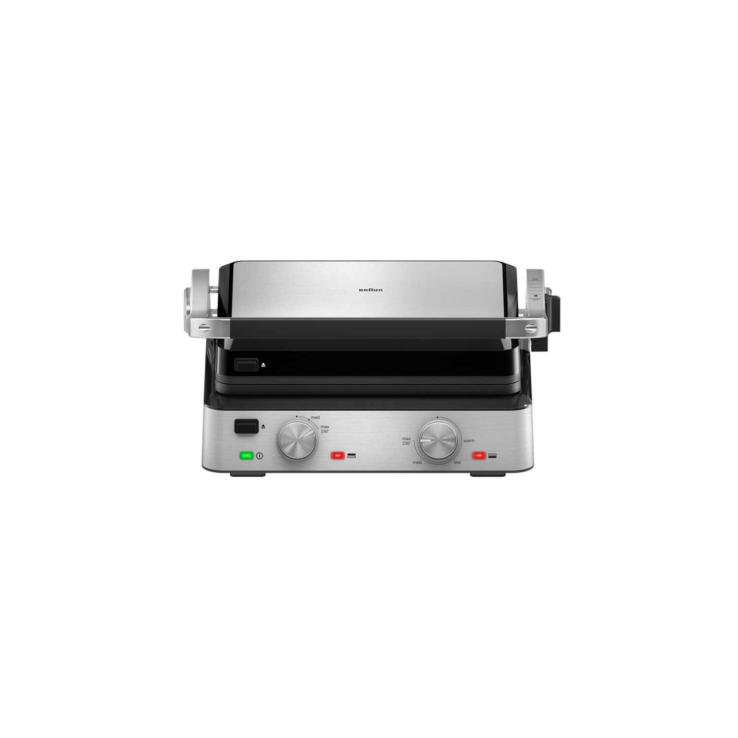 Een zilveren en zwarte panini-grill met draaiknoppen en knoppen. Hij is geïsoleerd op een witte achtergrond.