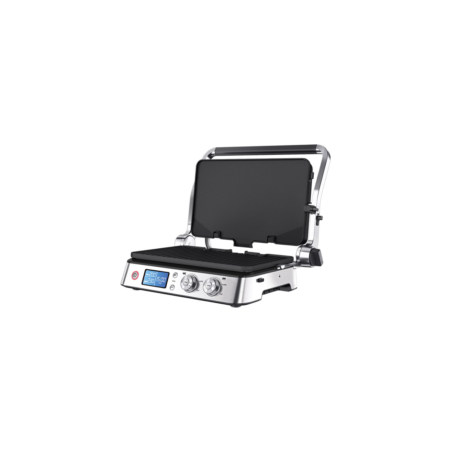 Silver grill, open. Digital display. Black grilling surface.