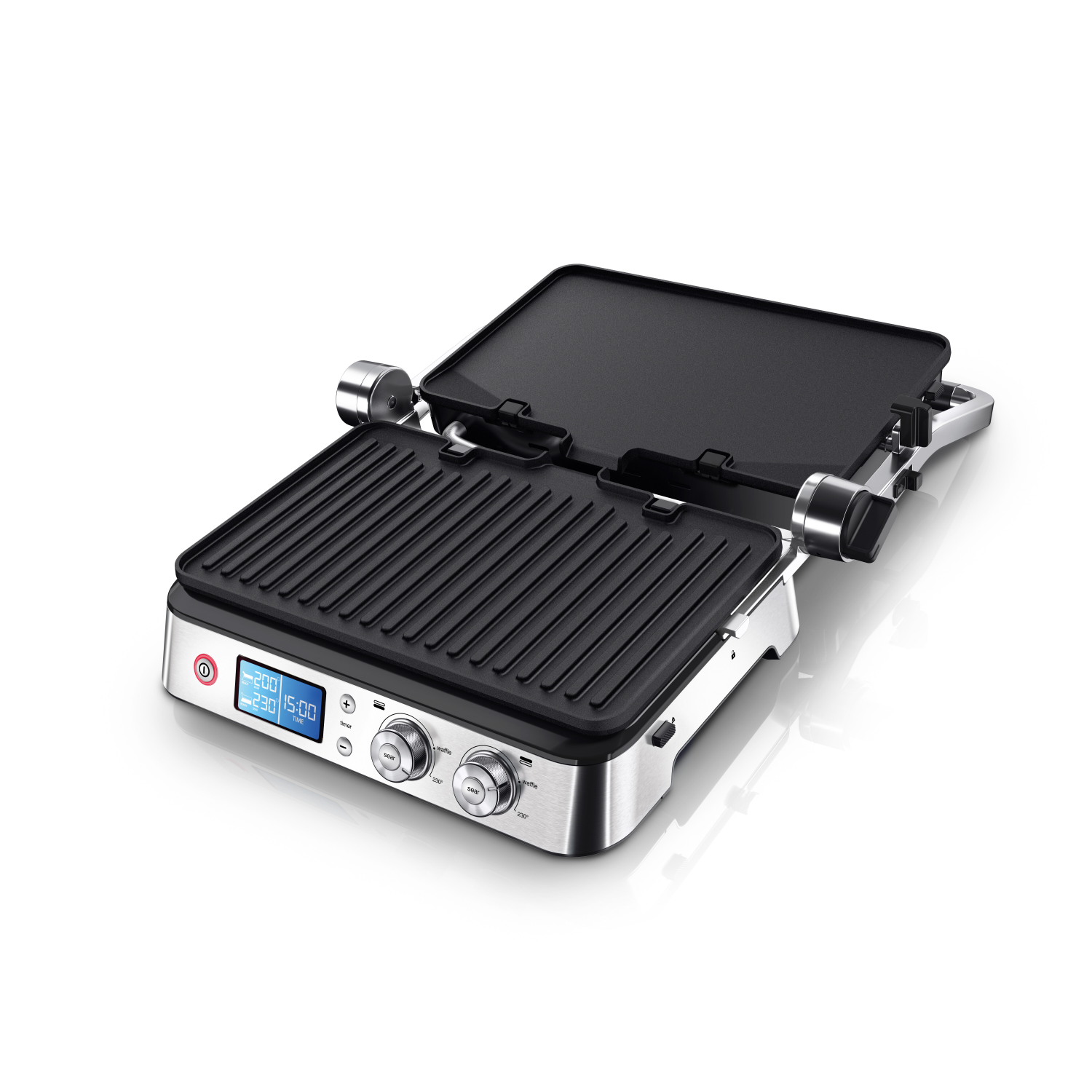 A stainless steel open grill with a black cooking surface and digital display, isolated on white.