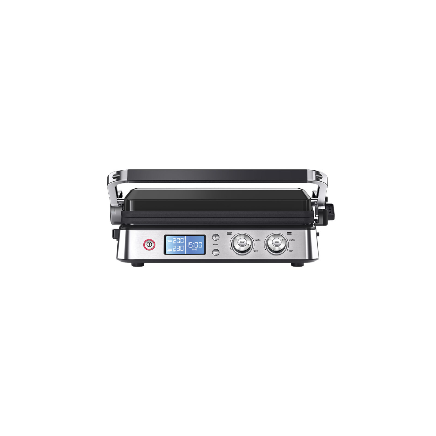 Silver and black grill. Digital display showing temperature and time. White background.