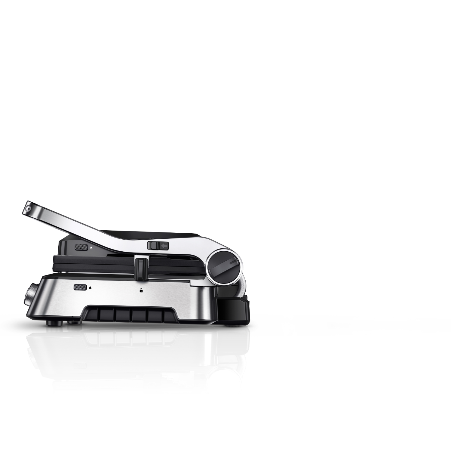 A metallic panini press on a white background, showing its components and design.