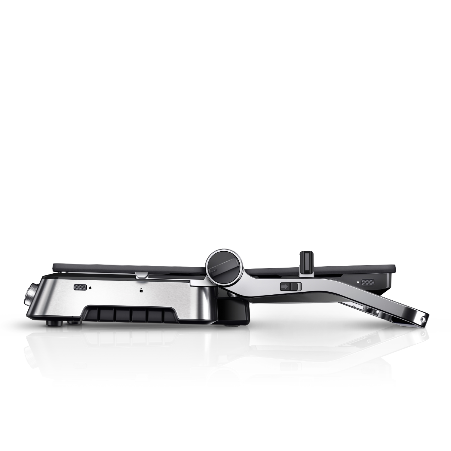 Side view of a silver and black panini press.