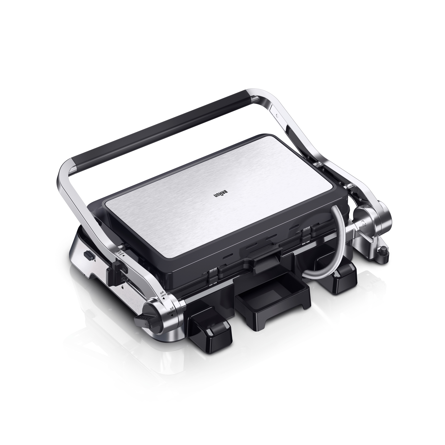 A silver and black Braun grill with a handle, open on a white background. There are black trays on the bottom.