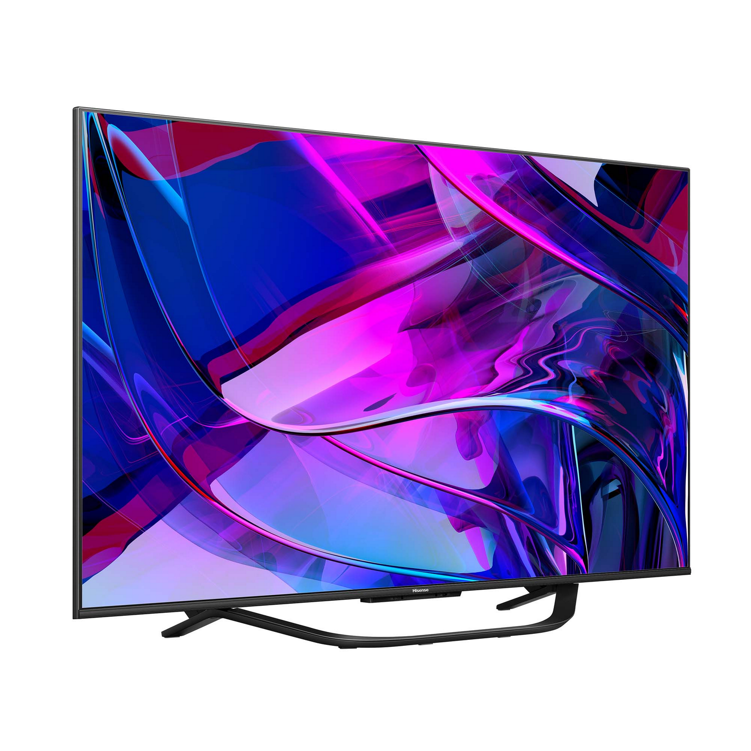 Televisor Hisense grande, mostrando un patrón de color abstracto morado y azul.