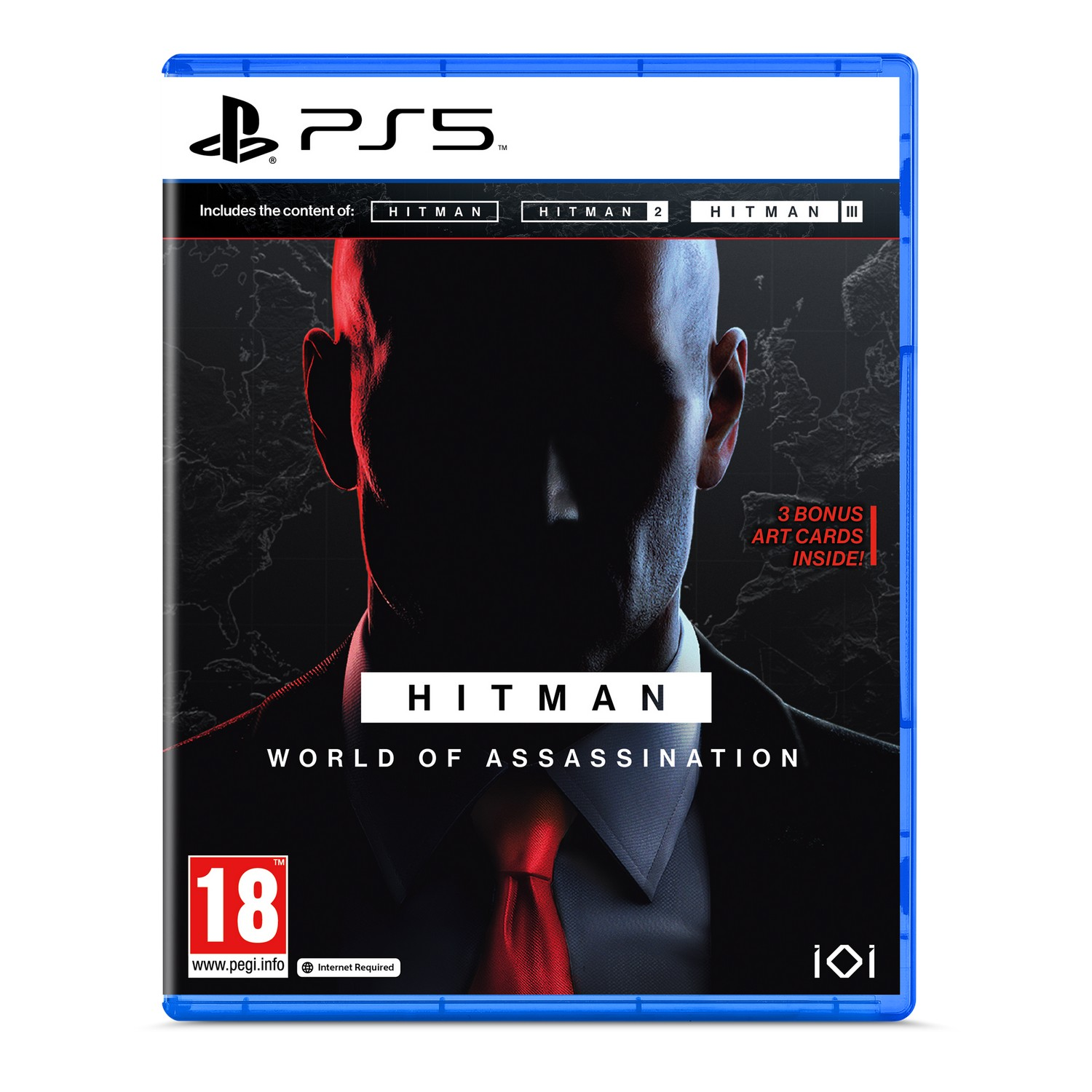 Boîte de jeu : Hitman World of Assassination, avec un homme en costume cravate, sur fond bleu.