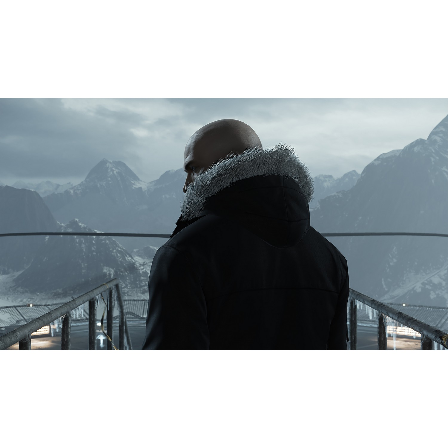 Homme chauve en veste noire, regardant des montagnes enneigées.