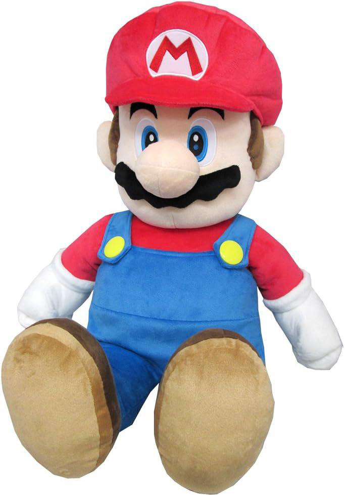 Großes Mario-Plüschtier. Rote Mütze mit 'M'-Logo, blaue Latzhose, braune Schuhe und weiße Handschuhe.