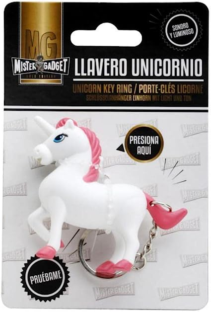 Un llavero de unicornio con melena y cola rosa. El embalaje tiene las palabras 'Unicorn Key Ring'.