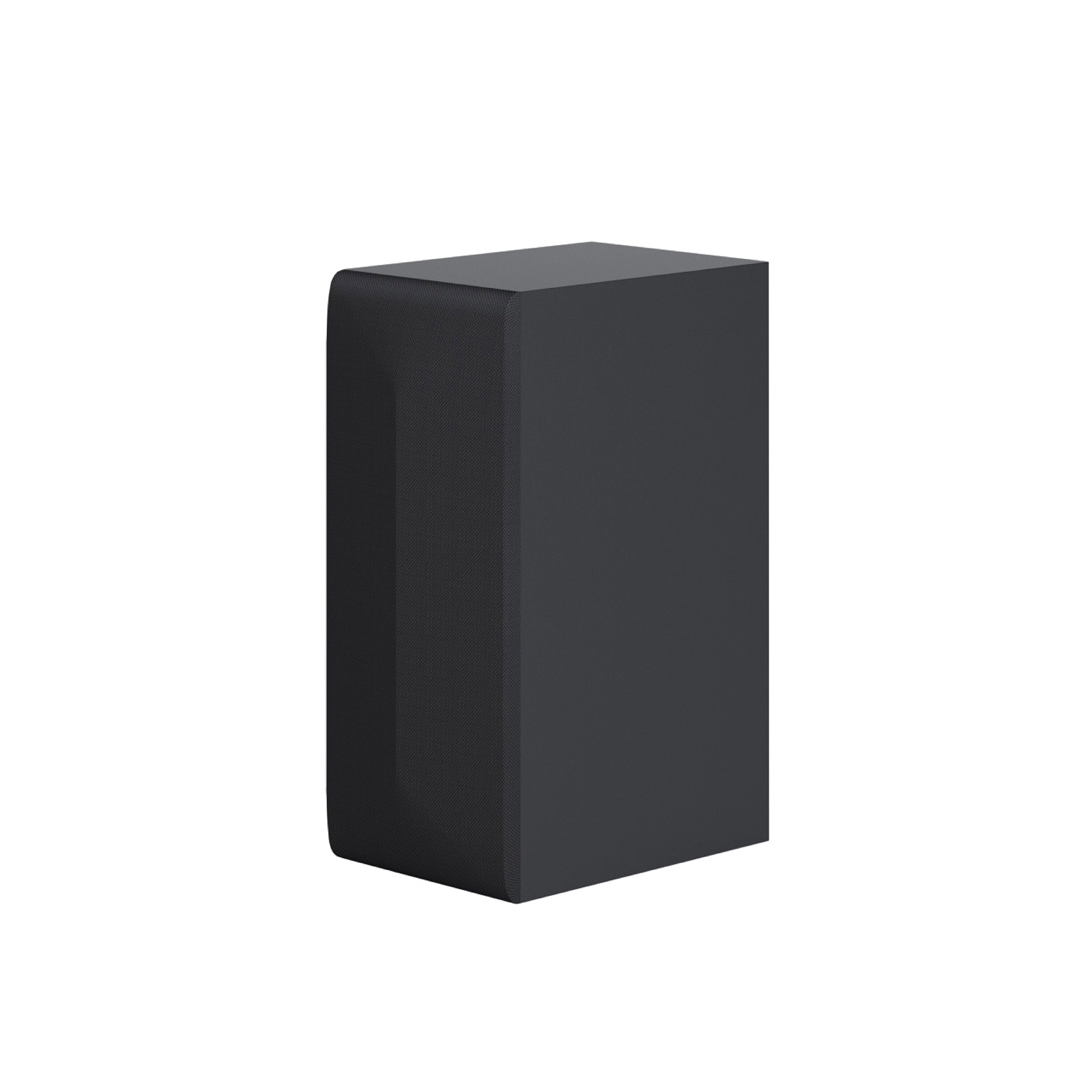 Caja de subwoofer negra. Tiene forma rectangular, con una malla de tela en un lado.