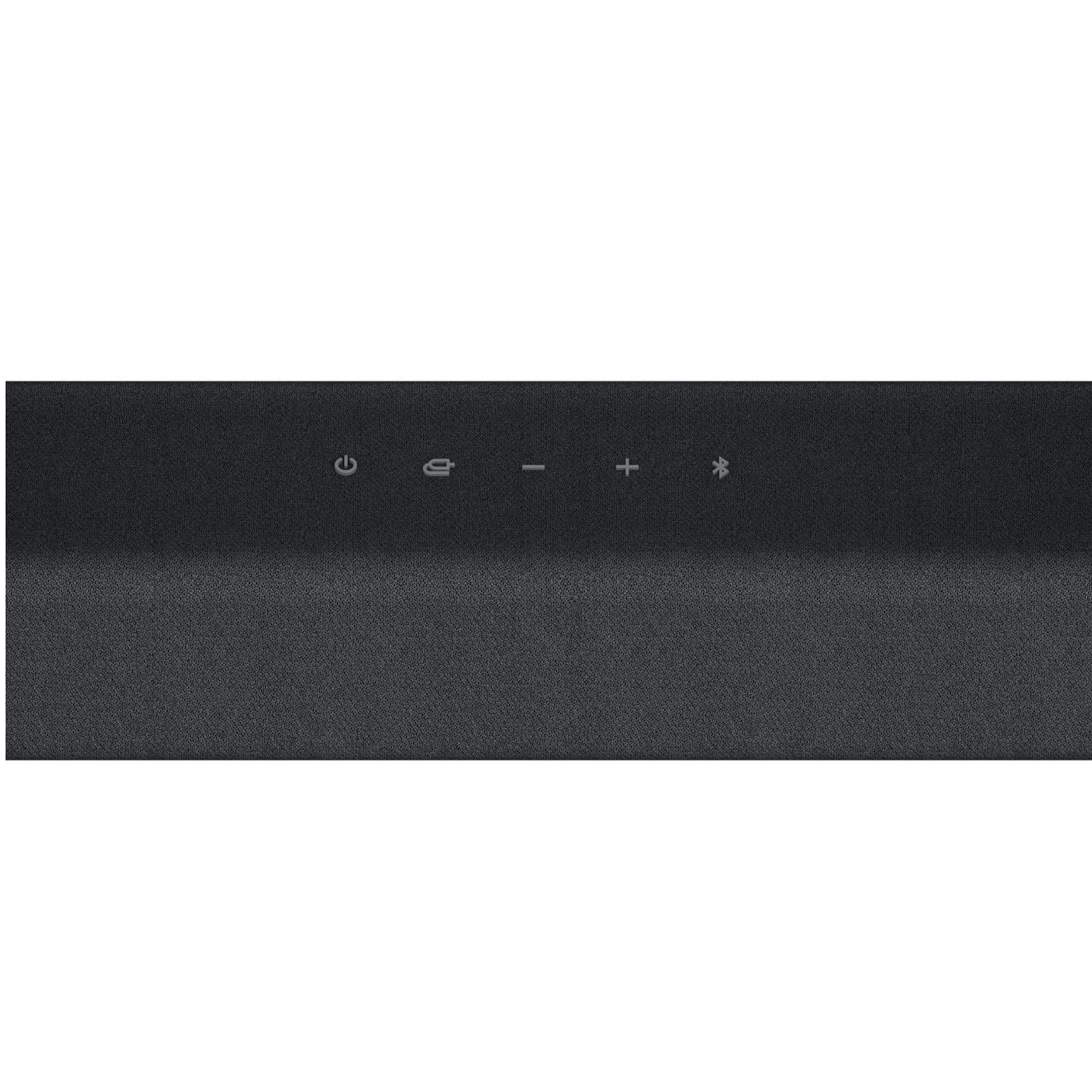 Primer plano de una barra de sonido negra con botones de encendido y control de volumen.